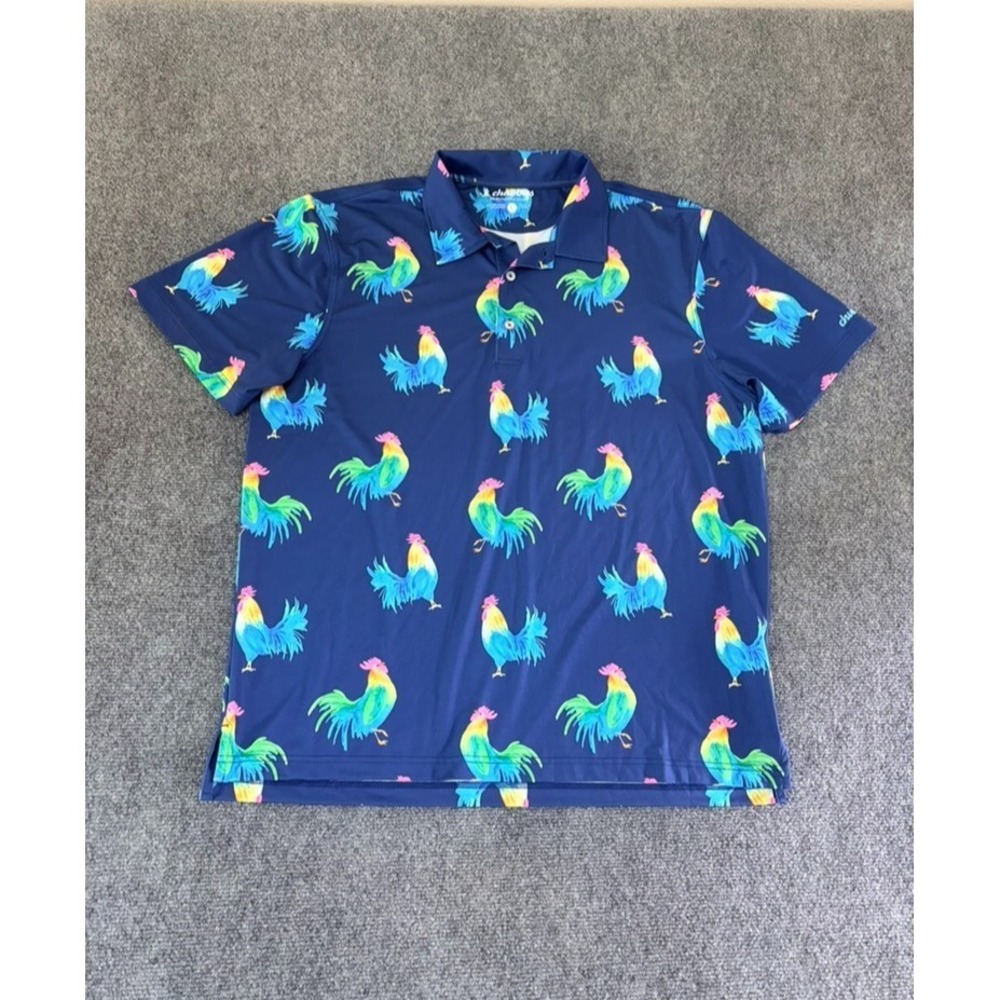 Chubbies Rooster Graphic Men's Blue Stretch Polo Shirt Short Sleeve Size L
